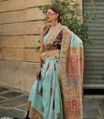 Sky Blue Kashmiri Handloom Silk Woven Work Saree With Blouse