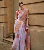 Lavender Kashmiri Handloom Silk Woven Work Saree With Blouse