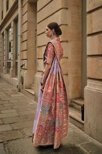 Lavender Kashmiri Handloom Silk Woven Work Saree With Blouse