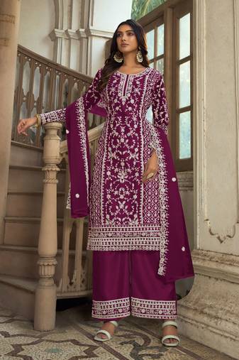 Dark magenta heavy butterfly net heavy thread embroidery with diamond work salwar kameez