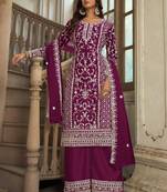 Dark magenta heavy butterfly net heavy thread embroidery with diamond work salwar kameez