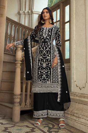 Black heavy butterfly net heavy thread embroidery with diamond work salwar kameez