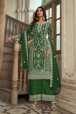 Green heavy butterfly net heavy thread embroidery with diamond work salwar kameez 1