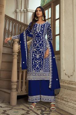 Dark blue heavy butterfly net heavy thread embroidery with diamond work salwar kameez 1