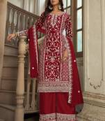 Maroon heavy butterfly net heavy thread embroidery with diamond work salwar kameez