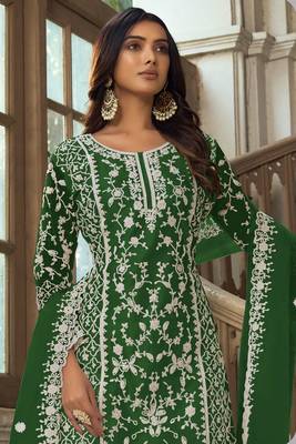 Green heavy butterfly net heavy thread embroidery with diamond work salwar kameez 2