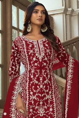 Maroon heavy butterfly net heavy thread embroidery with diamond work salwar kameez 2