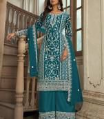Teal blue heavy butterfly net heavy thread embroidery with diamond work salwar kameez