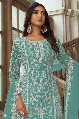 Turquoise heavy butterfly net heavy thread embroidery with diamond work salwar kameez 2