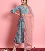  women embroidered viscose rayon a-line flared kurta with pant & dupatta set