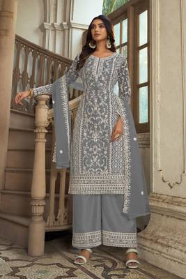 Grey heavy butterfly net heavy thread embroidery with diamond work salwar kameez 1