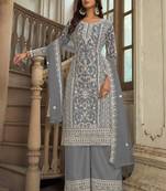 Grey heavy butterfly net heavy thread embroidery with diamond work salwar kameez