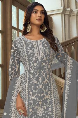 Grey heavy butterfly net heavy thread embroidery with diamond work salwar kameez 2