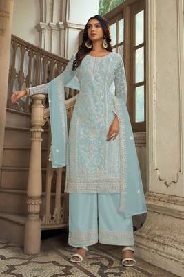 Aqua blue heavy butterfly net heavy thread embroidery with diamond work salwar kameez 1