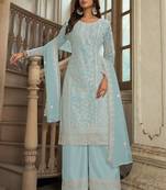 Aqua blue heavy butterfly net heavy thread embroidery with diamond work salwar kameez