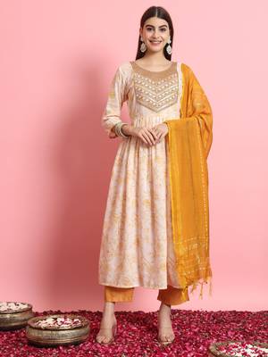  women embroidered viscose rayon a-line flared kurta with pant & dupatta set 1