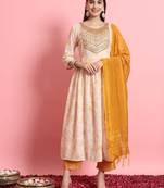  women embroidered viscose rayon a-line flared kurta with pant & dupatta set