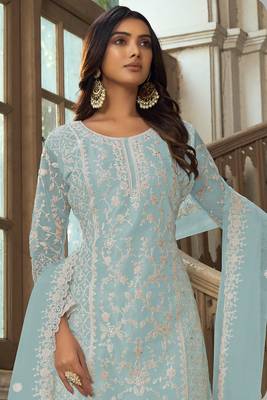 Aqua blue heavy butterfly net heavy thread embroidery with diamond work salwar kameez 2