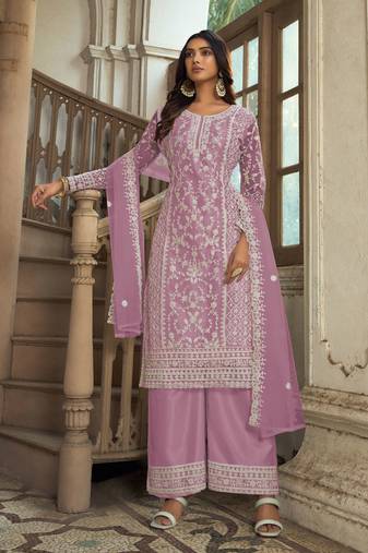 Lavender heavy butterfly net heavy thread embroidery with diamond work salwar kameez
