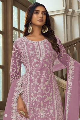 Lavender heavy butterfly net heavy thread embroidery with diamond work salwar kameez 2