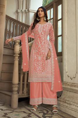 Salmon heavy butterfly net heavy thread embroidery with diamond work salwar kameez 1