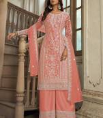 Salmon heavy butterfly net heavy thread embroidery with diamond work salwar kameez