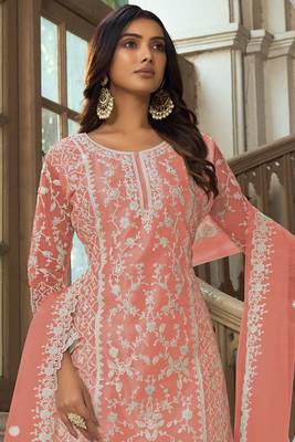 Salmon heavy butterfly net heavy thread embroidery with diamond work salwar kameez 2
