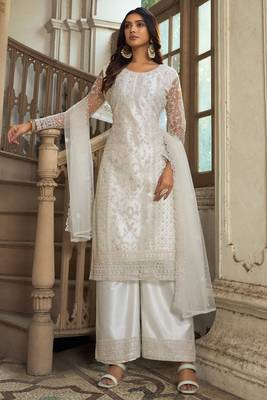 White heavy butterfly net heavy thread embroidery with diamond work salwar kameez 1