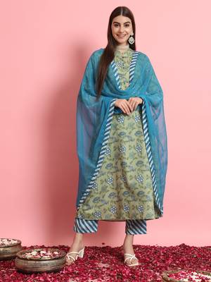  women viscose rayon a-line flared kurta with pant & dupatta set 1