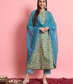  women viscose rayon a-line flared kurta with pant & dupatta set