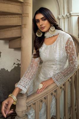 White heavy butterfly net heavy thread embroidery with diamond work salwar kameez 2