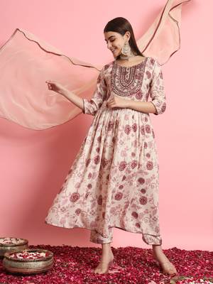  women embroidered viscose rayon a-line flared kurta with pant & dupatta set 1