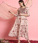  women embroidered viscose rayon a-line flared kurta with pant & dupatta set