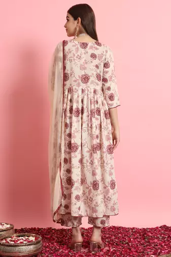  women embroidered viscose rayon a-line flared kurta with pant & dupatta set