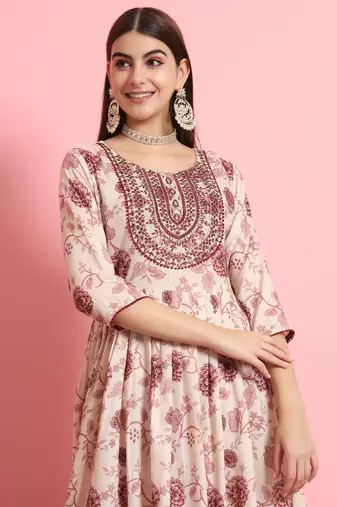  women embroidered viscose rayon a-line flared kurta with pant & dupatta set