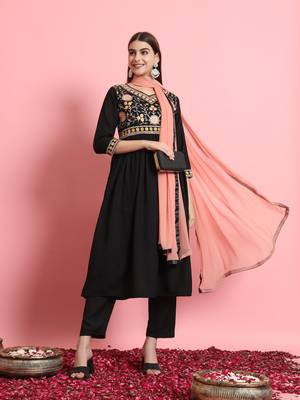 women alia cut embroidered viscose rayon a-line flared kurta with pant & dupatta set 1