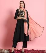  women alia cut embroidered viscose rayon a-line flared kurta with pant & dupatta set