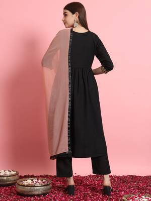  women alia cut embroidered viscose rayon a-line flared kurta with pant & dupatta set 2