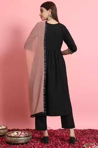  women alia cut embroidered viscose rayon a-line flared kurta with pant & dupatta set
