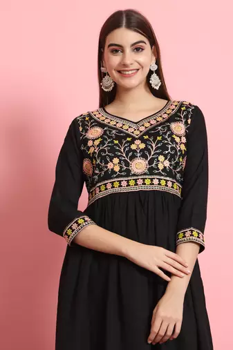  women alia cut embroidered viscose rayon a-line flared kurta with pant & dupatta set