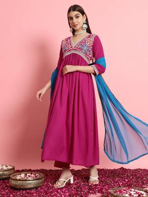  women alia cut embroidered viscose rayon a-line flared kurta with pant & dupatta set 1