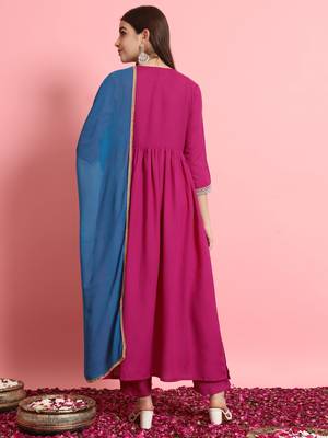  women alia cut embroidered viscose rayon a-line flared kurta with pant & dupatta set 2
