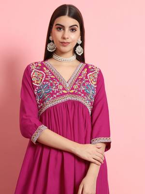  women alia cut embroidered viscose rayon a-line flared kurta with pant & dupatta set 4