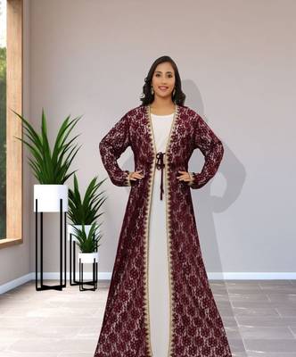 SALE Maroon Net Designer Fashion Kaftan Wedding Dress Islamic Wear Clothing Abaya Very Long Gown  1