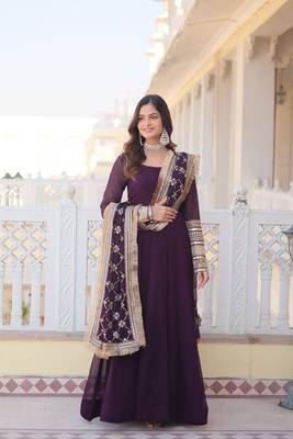 women's wine faux blooming with rich multi sequins embroidered work party wear gown & dupatta set 1