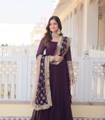 women's wine faux blooming with rich multi sequins embroidered work party wear gown & dupatta set