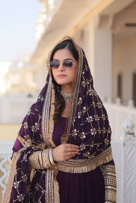 women's wine faux blooming with rich multi sequins embroidered work party wear gown & dupatta set 2