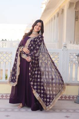 women's wine faux blooming with rich multi sequins embroidered work party wear gown & dupatta set 3
