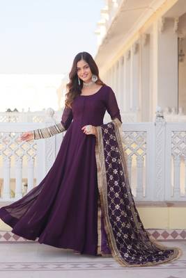 women's wine faux blooming with rich multi sequins embroidered work party wear gown & dupatta set 5