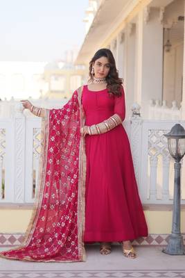 women's pink faux blooming with rich multi sequins embroidered work party wear gown & dupatta set 1